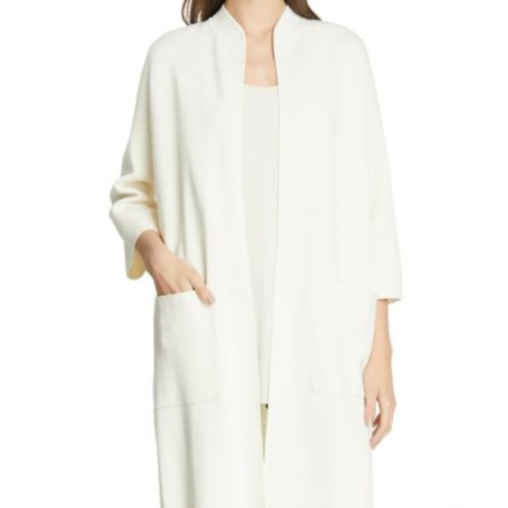 Eileen Fisher White Silk Organic Cotton Long Summer Jacket